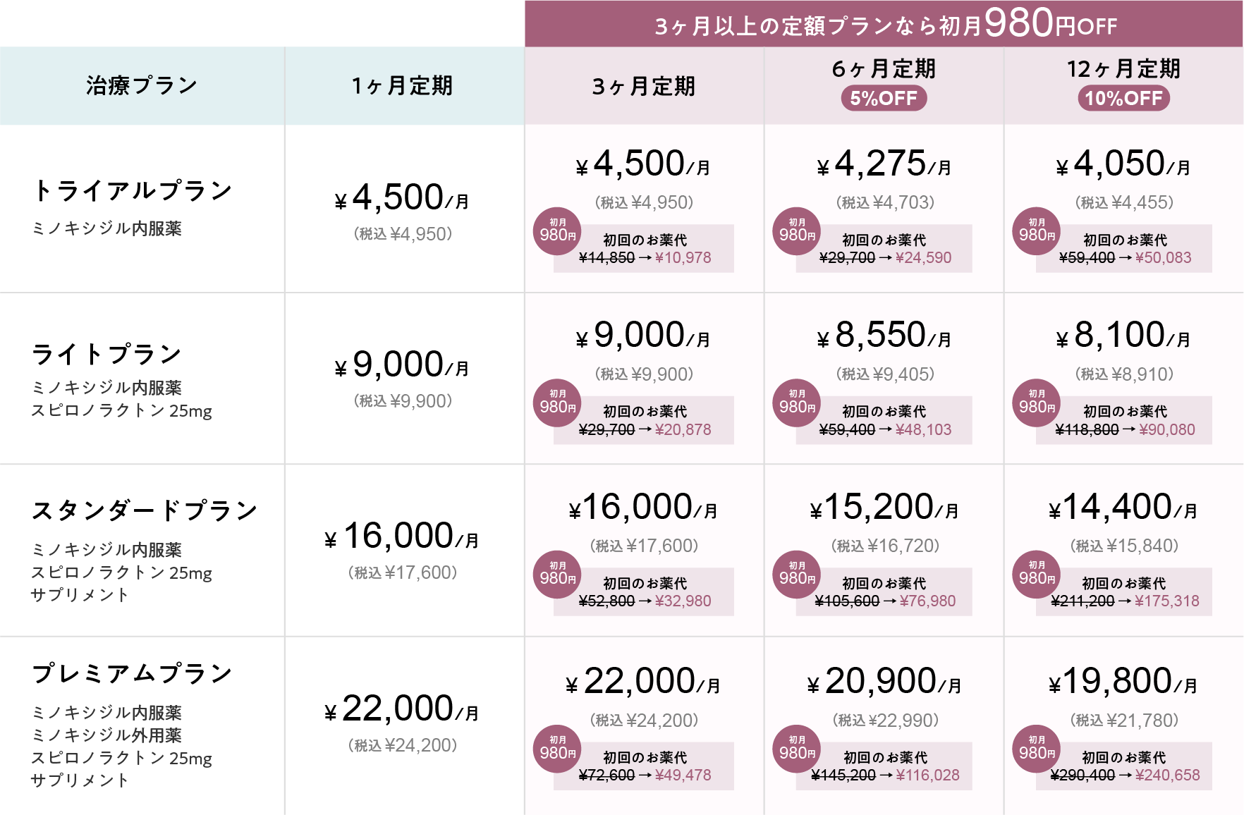 治療プランごとの1ヶ月定期、3ヶ月定期、6ヶ月定期、12ヶ月定期の料金表